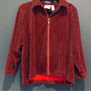 Liz Claiborne red and black holiday velour houndstooth zip-up jacket petite L